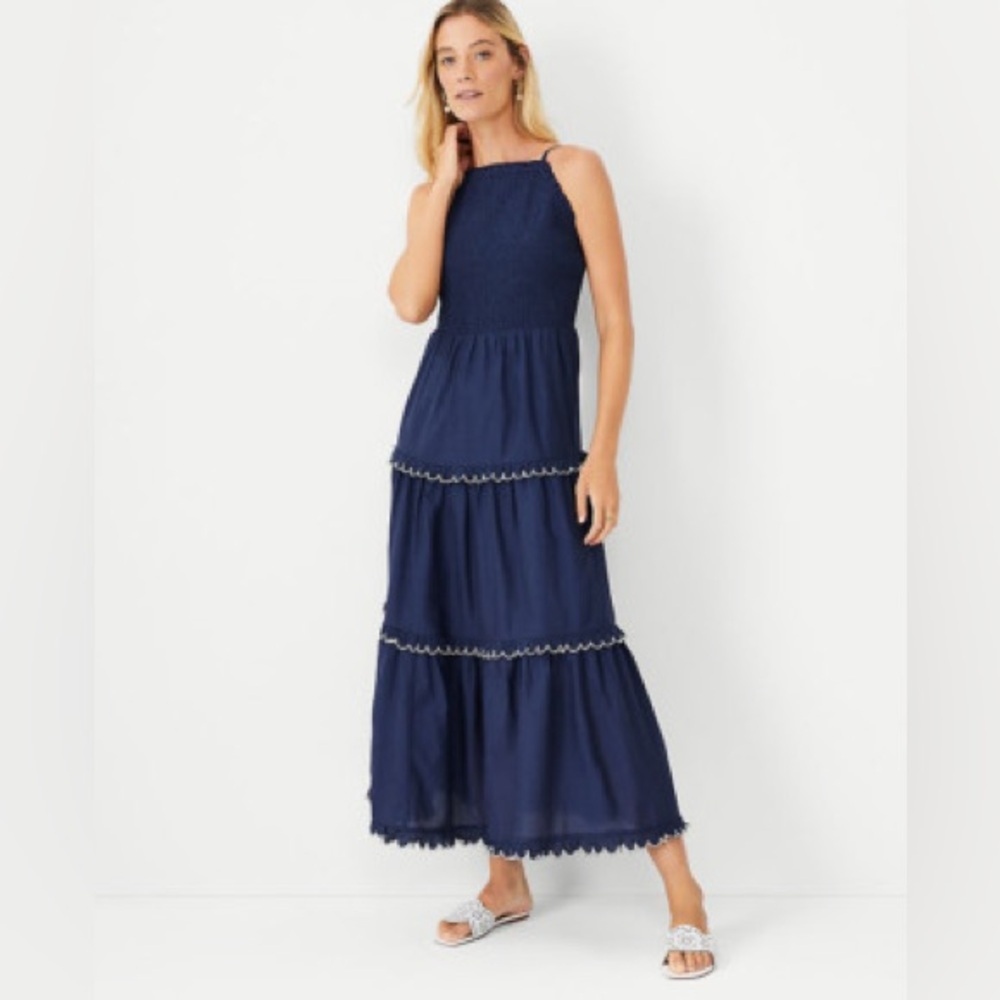 Ann Taylor Navy Scalloped Tiered Maxi Dress with Spaghetti Straps - XL